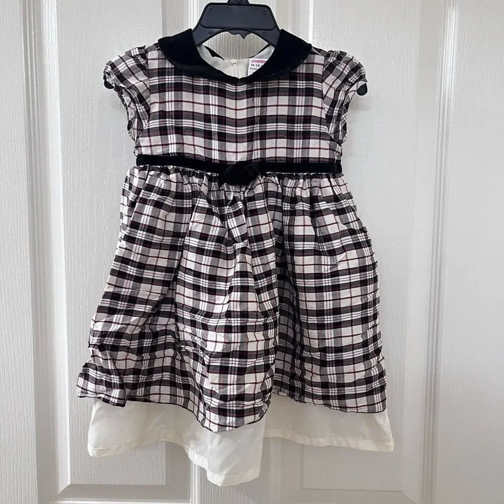 Vintage Gymboree Plaid Silk Dress Velvet Peter Pan Collar Girls SZ 18-24 Months
